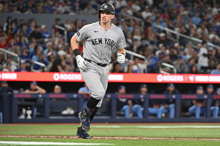 Ben Rice reacts after a home run for the Yankees in Toronto