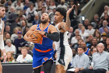 Jalen Brunson drives during Knicks-Spurs Finals action