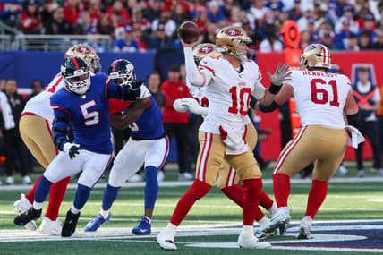 Kayvon Thibodeaux pressures Mac Jones during a Giants game against the 49ers