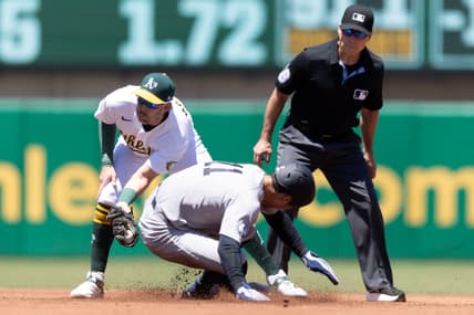 Anthony Volpe steals second base for the Yankees against the Athletics