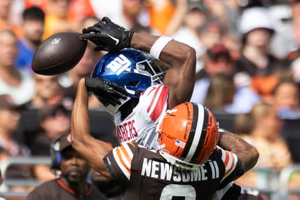 Greg Newsome II covering a receiver for the Giants