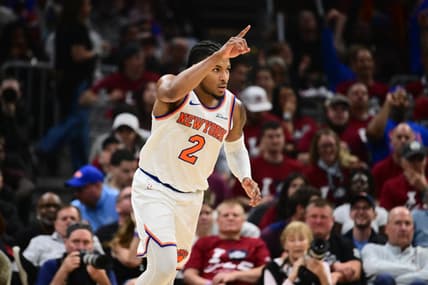 Miles McBride reacting during a Knicks playoff game
