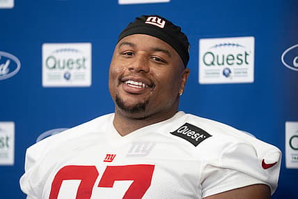 New York Giants defensive tackle Dexter Lawrence II (97) speaks at a press conference during day one of the New York Giants training camp at Quest Diagnostics Giants Training Center in East Rutherford on Wednesday, July 23, 2025.