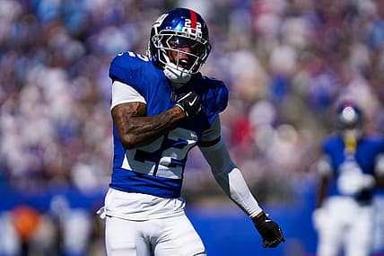 Andru Phillips, New York Giants cornerback Dru Phillips (22) celebrates after breaking up a play during a game against the Los Angeles Chargers
