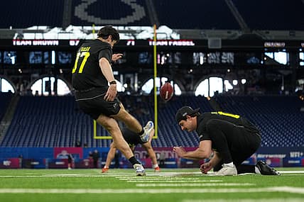 Dominic Zvada kicks at the NFL Scouting Combine