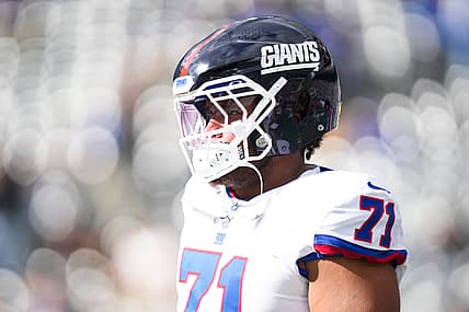 Marcus Mbow, New York Giants guard Marcus Mbow (71) warms up before a game against the Green Bay Packers at MetLife Stadium, Nov 16, 2025,
