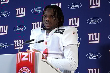 Nov 8, 2024; Munich, Germany; New York Giants wide receiver Malik Nabers (1) during press conference at the FC Bayern Munchen training grounds at Sabener Strasse.  Mandatory Credit: Kirby Lee-Imagn Images