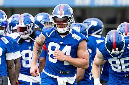 Theo Johnson with the NY Giants, runs drills during a practice at Quest Diagnostics Training Center, East Rutherford, NJ, May 28, 2025.