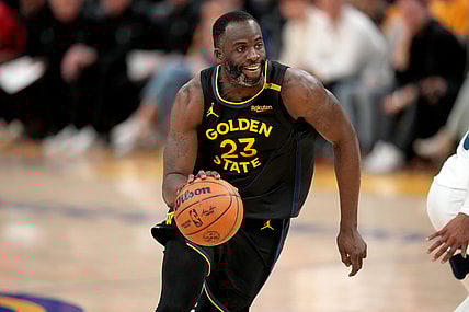 May 12, 2025; San Francisco, California, USA; Golden State Warriors forward Draymond Green (23) dribbles the ball against the Minnesota Timberwolves in the fourth quarter during game four of the second round for the 2025 NBA Playoffs at Chase Center. Mandatory Credit: Cary Edmondson-Imagn Images