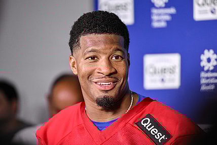 Jun 17, 2025; East Rutherford, NJ, USA; New York Giants quarterback Jameis Winston (19) speaks at a press conference during minicamp at Quest Diagnostics Training Center. Mandatory Credit: John Jones-Imagn Images