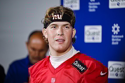 Jun 18, 2025; East Rutherford, NJ, USA; New York Giants quarterback Jaxson Dart (6) speaks at a press conference during minicamp at Quest Diagnostics Training Center. Mandatory Credit: John Jones-Imagn Images