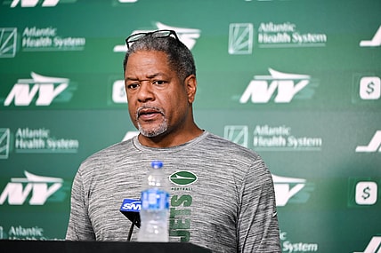 Jun 11, 2025; Florham Park, NY, USA; New York Jets defensive coordinator Steve Wilks speaks at a press conference during minicamp at Atlantic Health Jets Training Center. Mandatory Credit: John Jones-Imagn Images