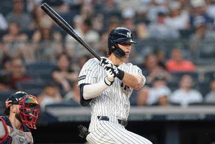 Spencer Jones hits for the Yankees against Boston