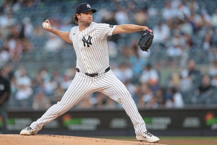 Gerrit Cole delivers a pitch for the Yankees during a 2026 start at Yankee Stadium