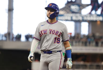 Bo Bichette reacting after an at-bat for the Mets