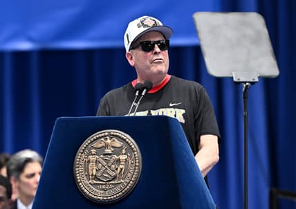 Leon Rose speaking during the Knicks championship parade