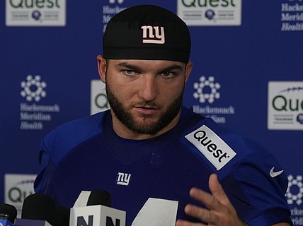 Eat Rutherford, NJ -- May 9, 2025 -- Cam Skattebo talks to the media following practice at Giants Rookie Minicamp.