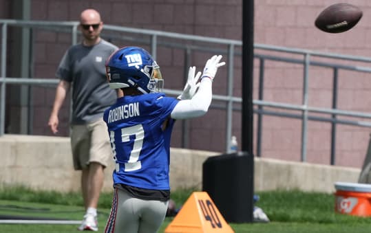 East Rutherford, NJ -- June 11, 2024 -- Wide receiver, WanÕDale Robinson at the NY Giants Mandatory Minicamp at their practice facility in East Rutherford, NJ.