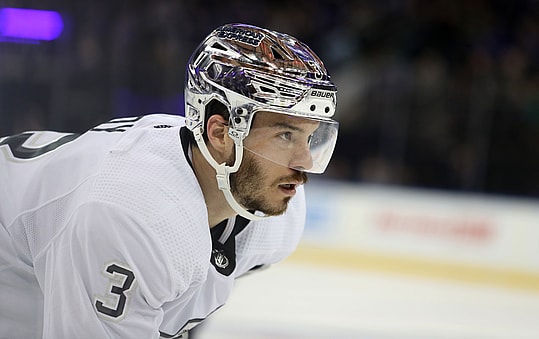 Dec 10, 2023; New York, New York, USA; Los Angeles Kings defenseman Matt Roy (3) awaits a face-off against the New York Rangers during the second period at Madison Square Garden. Mandatory Credit: Danny Wild-USA TODAY Sports