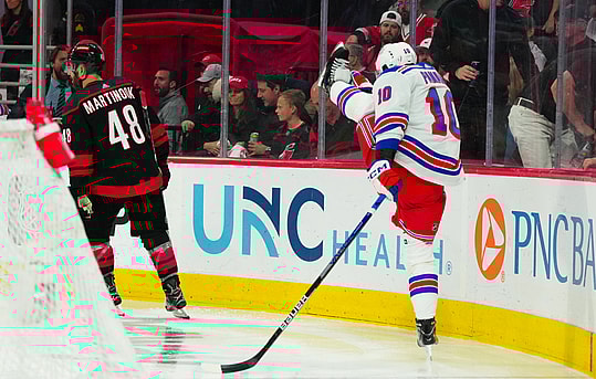 May 9, 2024; Raleigh, North Carolina, USA; New York Rangers left wing Artemi Panarin (10) celebrates his game winning goal against the Carolina Hurricanes in the first overtime against the Carolina Hurricanes in game three of the second round of the 2024 Stanley Cup Playoffs at PNC Arena. Mandatory Credit: James Guillory-USA TODAY Sports