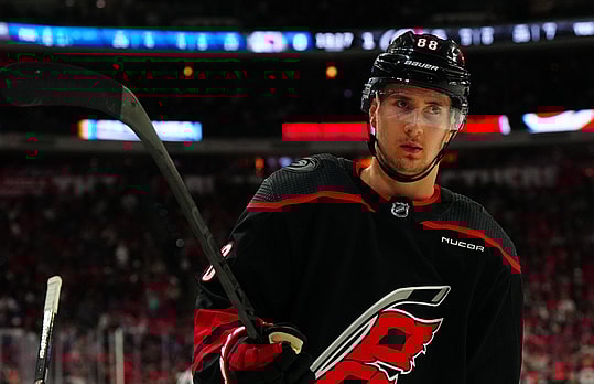 May 9, 2024; Raleigh, North Carolina, USA; Carolina Hurricanes center Martin Necas (88) looks on against the New York Rangers during the second period in game three of the second round of the 2024 Stanley Cup Playoffs at PNC Arena. Mandatory Credit: James Guillory-USA TODAY Sports