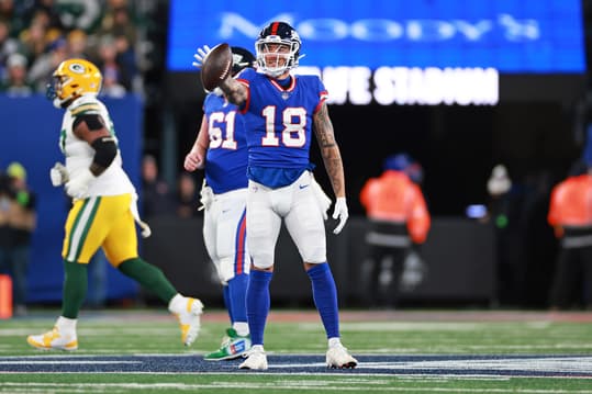 New York Giants wide receiver Isaiah Hodgins (18) reacts during the second quarter against the Green Bay Packers at MetLife Stadium