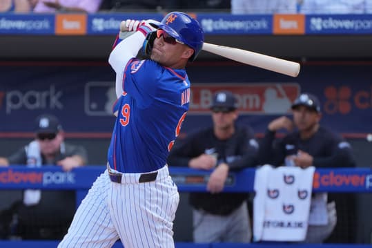 New York Mets center fielder Brandon Nimmo (9) hits a double in the third inning against the New York Yankees at Clover Park