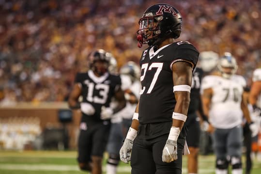 Sep 9, 2023; Minneapolis, Minnesota, USA; Minnesota Golden Gophers defensive back Tyler Nubin (27) reacts during the second quarter against the Eastern Michigan Eagles at Huntington Bank Stadium. Mandatory Credit: Matt Krohn-USA TODAY Sports
