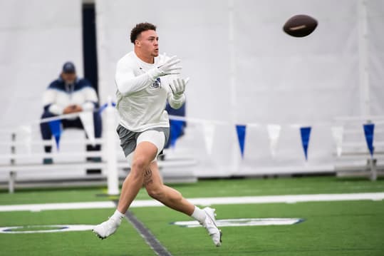 Tight end Theo Johnson (New York Giants) catches a pass during Penn State's Pro Day in Holuba Hall on March 15, 2024, in State College.