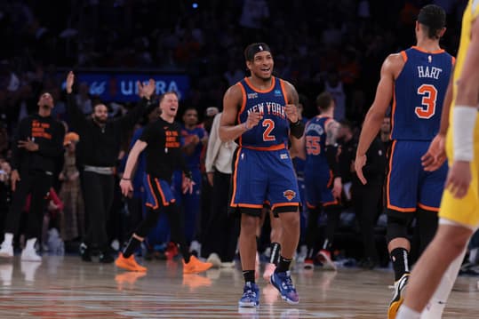 May 14, 2024; New York, New York, USA; New York Knicks guard Miles McBride (2) reacts in front of guard Josh Hart (3) during the second half during game five of the second round for the 2024 NBA playoffs against the Indiana Pacers at Madison Square Garden. Mandatory Credit: Vincent Carchietta-USA TODAY Sports