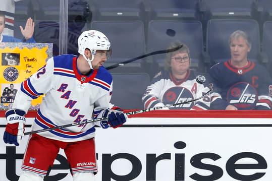 Oct 30, 2023; Winnipeg, Manitoba, CAN; New York Rangers center Filip Chytil (72) puck juggles before game against the Winnipeg Jets at Canada Life Centre. Mandatory Credit: James Carey Lauder-USA TODAY Sports