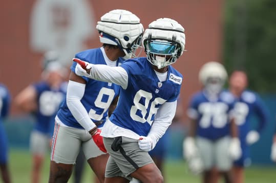 Jul 24, 2024; East Rutherford, NJ, USA; New York Giants wide receiver Darius Slayton (86) points back during training camp at Quest Diagnostics Training Facility. Mandatory Credit: Vincent Carchietta-USA TODAY Sports