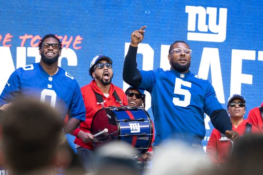 Apr 25, 2024; East Rutherford, NJ, USA; (Left) NY Giants #0 Brian Burns and #5 Kayvon Thibodeaux during the NY Giants and NY Jets draft party at MetLife Stadium.