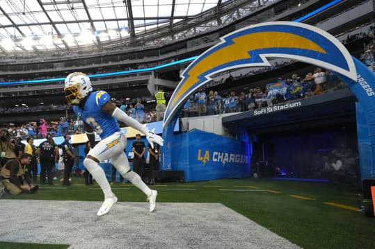 Oct 29, 2023; Inglewood, California, USA; Los Angeles Chargers safety Derwin James Jr. (3) enters the field before the game against the Chicago Bears at SoFi Stadium. Mandatory Credit: Kirby Lee-Imagn Images