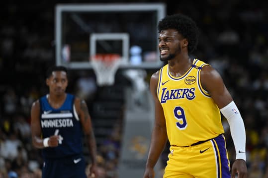 Oct 4, 2024; Palm Desert, California, USA; Los Angeles Lakers guard Bronny James (9) reacts against the Minnesota Timberwolves during the second half at Acrisure Arena. Mandatory Credit: Jonathan Hui-Imagn Images