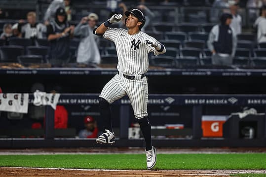 Aug 8, 2024; Bronx, New York, USA; New York Yankees shortstop Oswaldo Cabrera (95) celebrates after hitting a solo home run in the ninth inning against the Los Angeles Angels at Yankee Stadium. Mandatory Credit: Wendell Cruz-USA TODAY Sports