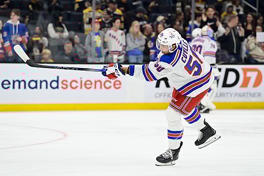 New York Rangers left wing Will Cuylle (50) skates in warm-ups prior to the game against the Boston Bruins at TD Garden