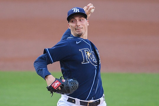Tampa Bay Rays starting pitcher Blake Snell (4) pitches against the New York Yankees during the first inning in game one of the 2020 ALDS at Petco Park