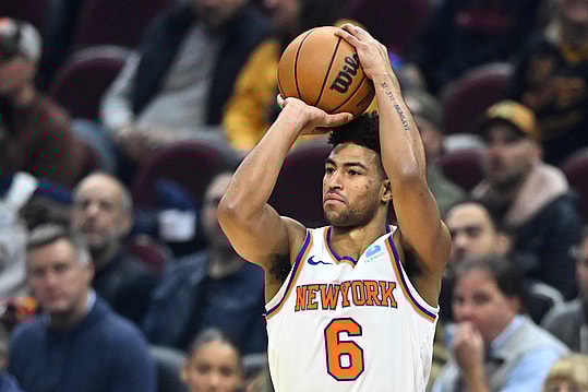 New York Knicks guard Quentin Grimes (6) shoots in the first quarter against the Cleveland Cavaliers at Rocket Mortgage FieldHouse