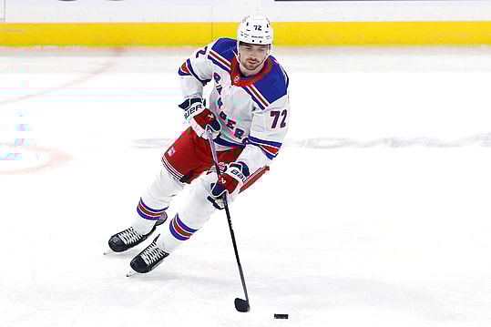 New York Rangers center Filip Chytil (72) warms up before a game against the Winnipeg Jets  at Canada Life Centre