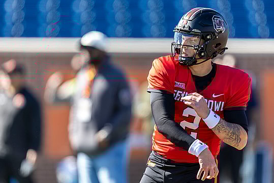 American quarterback Spencer Rattler of South Carolina (2) (New York Giants draft prospect) throws the ball during practice for the American team at Hancock Whitney Stadium