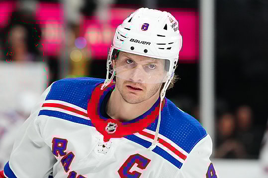 New York Rangers defenseman Jacob Trouba (8) warms up before a game against the Vegas Golden Knights at T-Mobile Arena