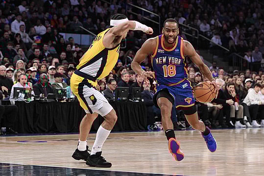 New York Knicks guard Alec Burks (18) drives to the basket as Indiana Pacers guard Andrew Nembhard (2) defends during the fourth quarter at Madison Square Garden