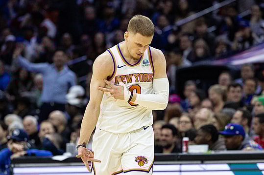 New York Knicks guard Donte DiVincenzo (0) reacts after his three pointer against the Philadelphia 76ers during the fourth quarter at Wells Fargo Center