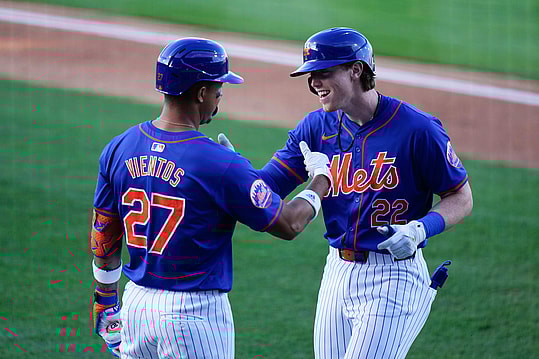 New York Mets third baseman Brett Baty (22) celebrates with New York Mets third baseman Mark Vientos (27) after hitting a home run against the St. Louis Cardinals during the second inning at Clover Park