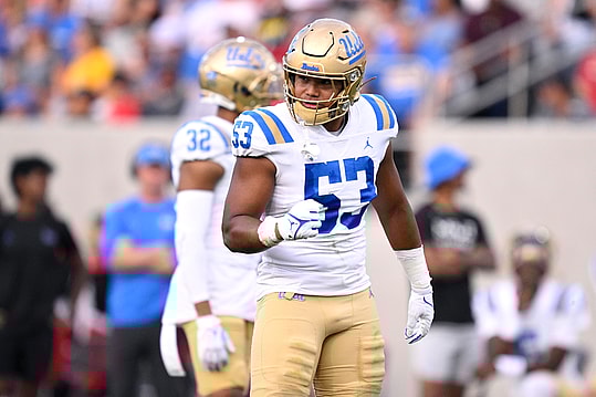 Sep 9, 2023; San Diego, California, USA; UCLA Bruins linebacker Darius Muasau (New York Giants) (53) reacts against the San Diego State Aztecs during the first half at Snapdragon Stadium. Mandatory Credit: Orlando Ramirez-USA TODAY Sports