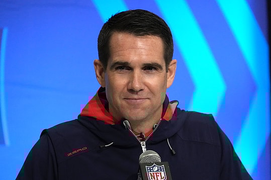 Feb 27, 2024; Indianapolis, IN, USA; New York Giants general manager Joe Schoen speaks during a press conference during the NFL Scouting Combine at Indiana Convention Center. Mandatory Credit: Kirby Lee-USA TODAY Sports