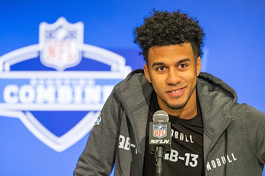 Mar 1, 2024; Indianapolis, IN, USA;  Florida State quarterback Jordan Travis (QB13) talks to the media during the 2024 NFL Combine at Lucas Oil Stadium. Mandatory Credit: Trevor Ruszkowski-USA TODAY Sports