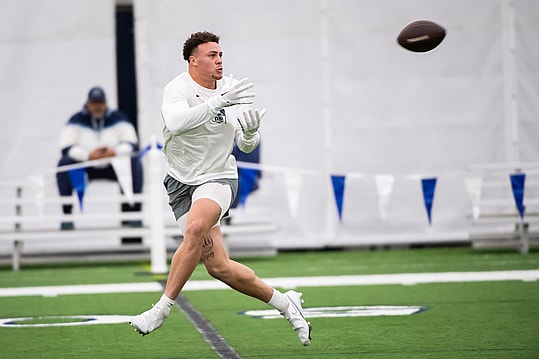 Tight end Theo Johnson (New York Giants) catches a pass during Penn State's Pro Day in Holuba Hall on March 15, 2024, in State College.