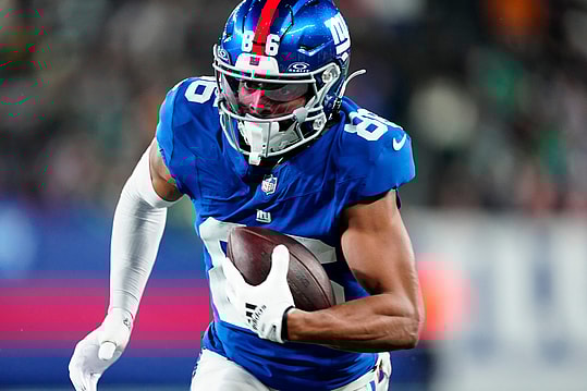 New York Giants wide receiver Darius Slayton (86) gets ready to score a touchdown during a 24-point Giants first half, Sunday, January 7, 2024